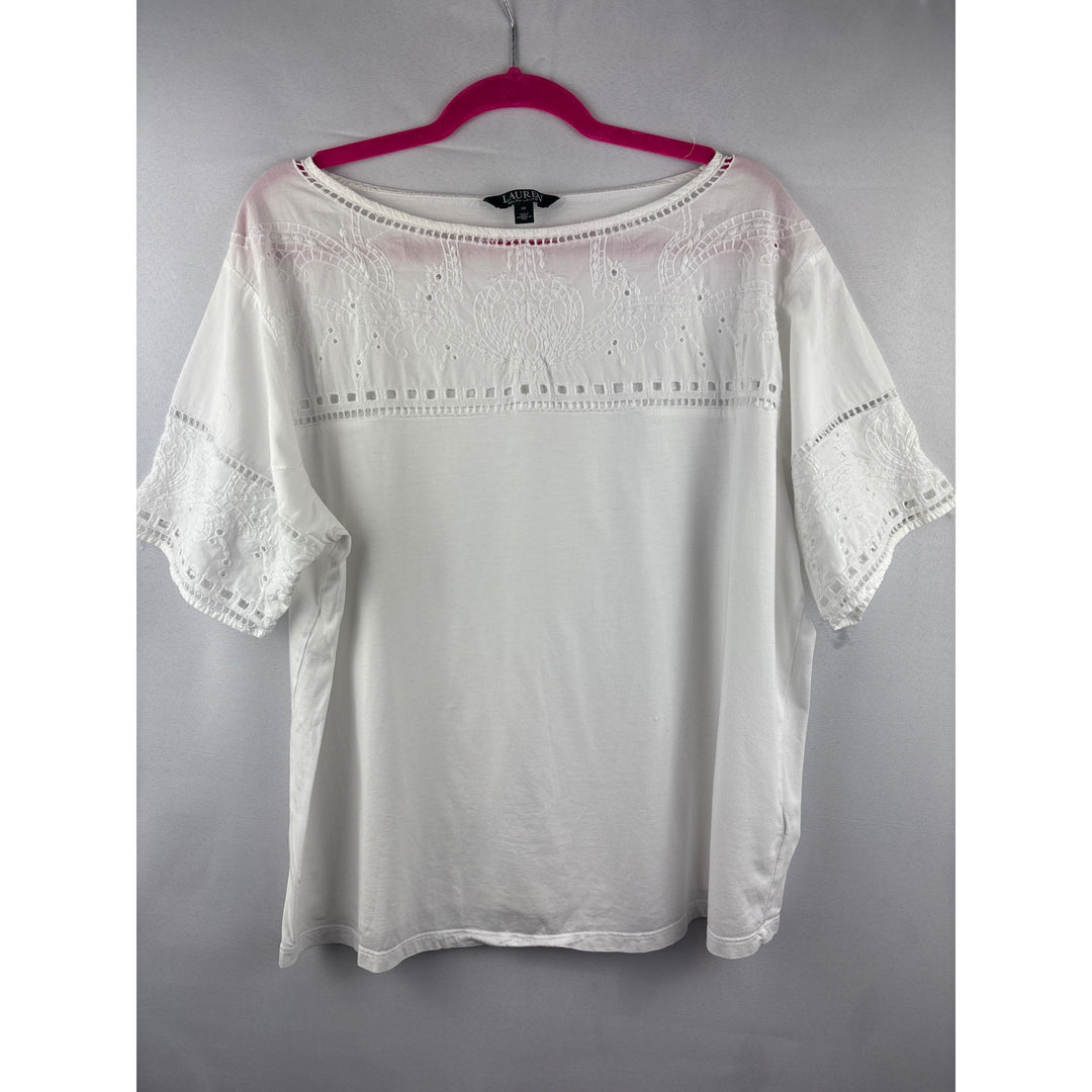 Lauren Ralph Lauren Womens 1X White Eyelet Lace Cotton Modal Top