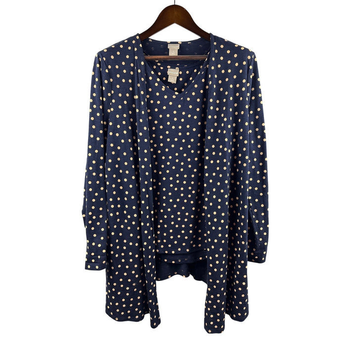 Women’s Chico’s Size 2 Navy Blue Tank & Sweater Set w/ Tan Polka Dot