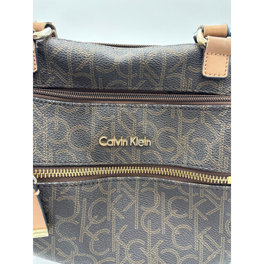 Women’s Calvin Klein Brown Leather Logo Patterned Hangbag