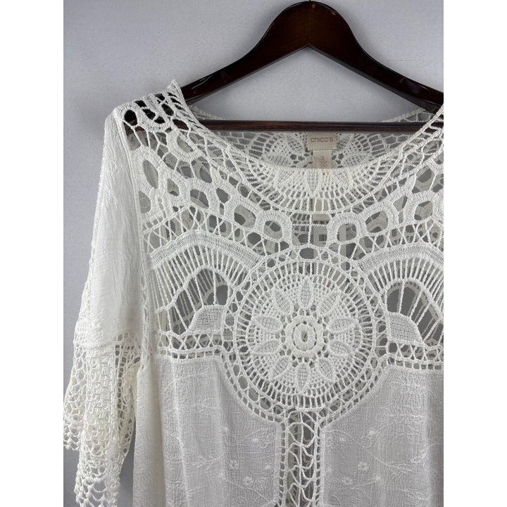 Women’s Chico’s Size 3 White Knit & Embroidered Floral Sheer Blouse