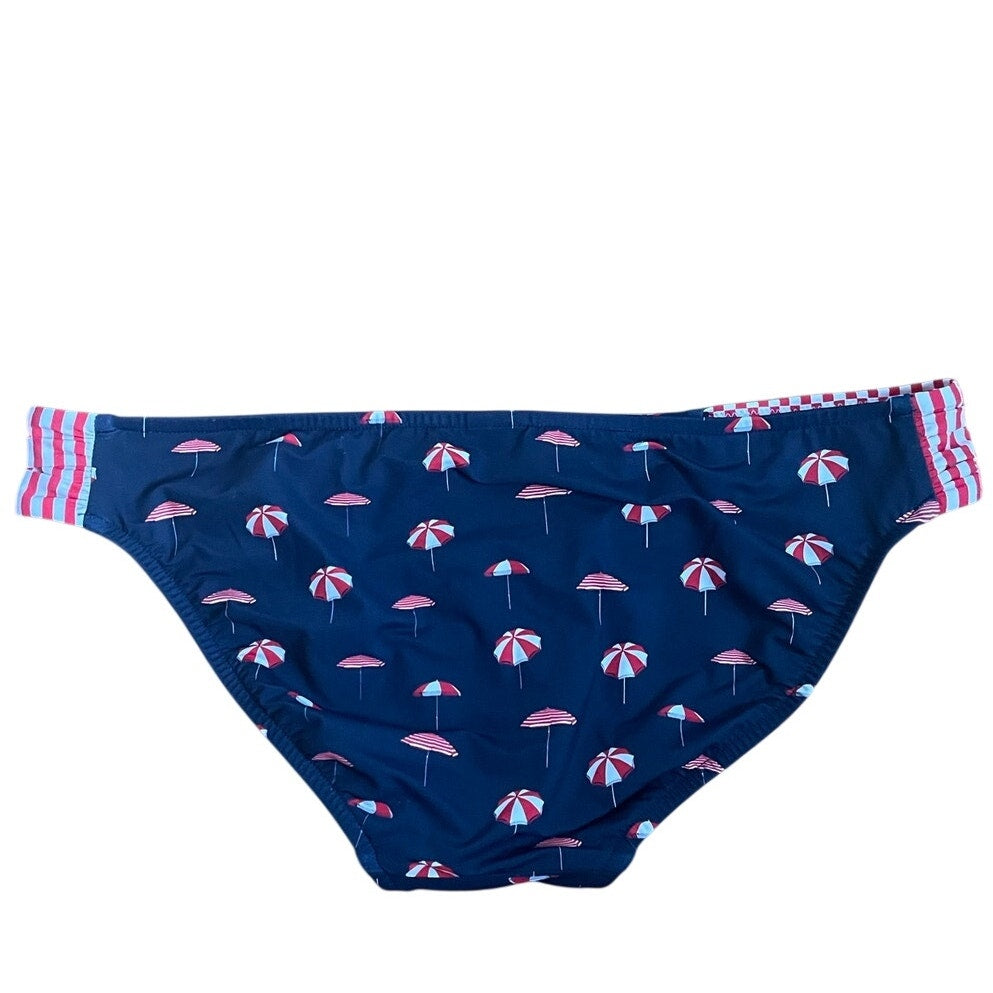 Seafolly Women's Riviera Ruched Side Bikini Bottom in Indigo Nautical Red White Blue Americana Beach Umbrella BathingSuit Bikini Bottoms M