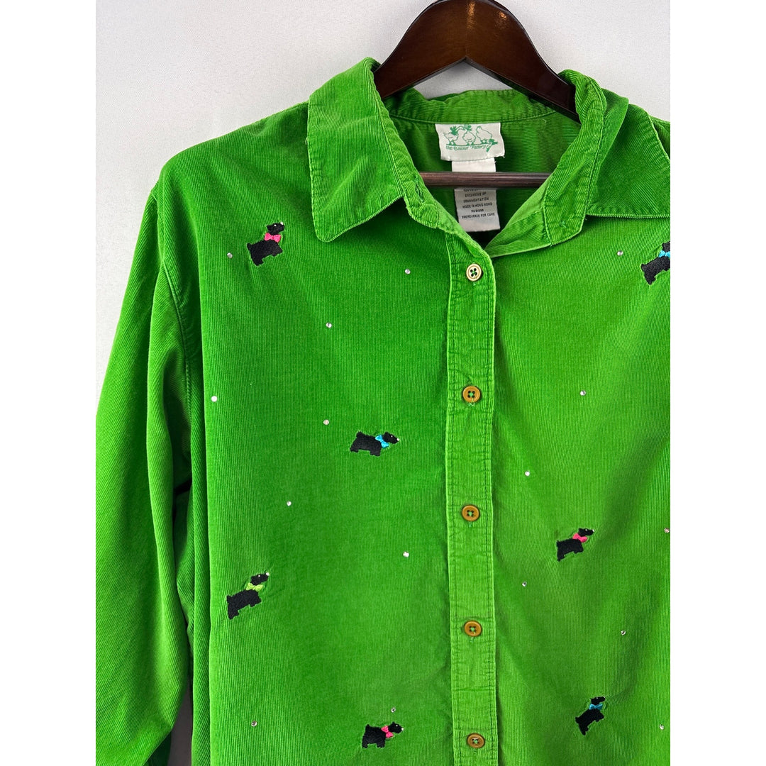 Women’s The Quaker Factory Size 2X Leaf Green Corduroy Button Up w/ Dog Pattern