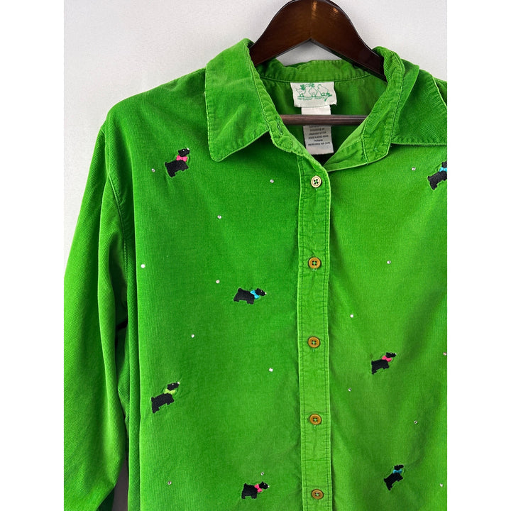 Women’s The Quaker Factory Size 2X Leaf Green Corduroy Button Up w/ Dog Pattern