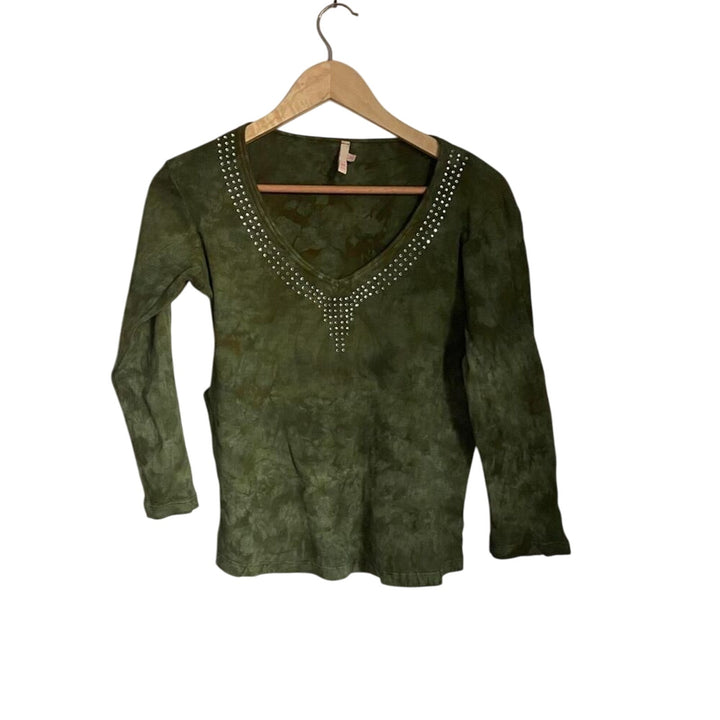 Y2K Women's Green Tie Dye Bedazzled 3/4 Sleeve Shirt sz XS