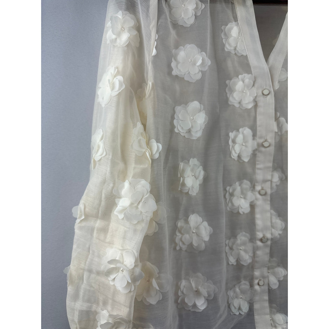 Women’s Adrianna Papell Cream Sheer Floral Appliqué Blouse Size L