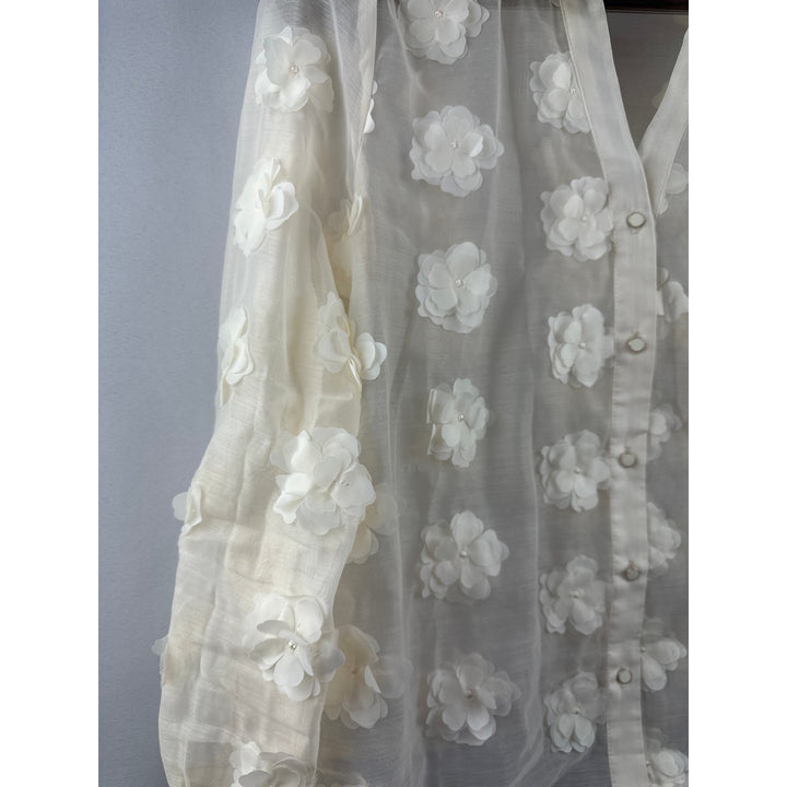 Women’s Adrianna Papell Cream Sheer Floral Appliqué Blouse Size L