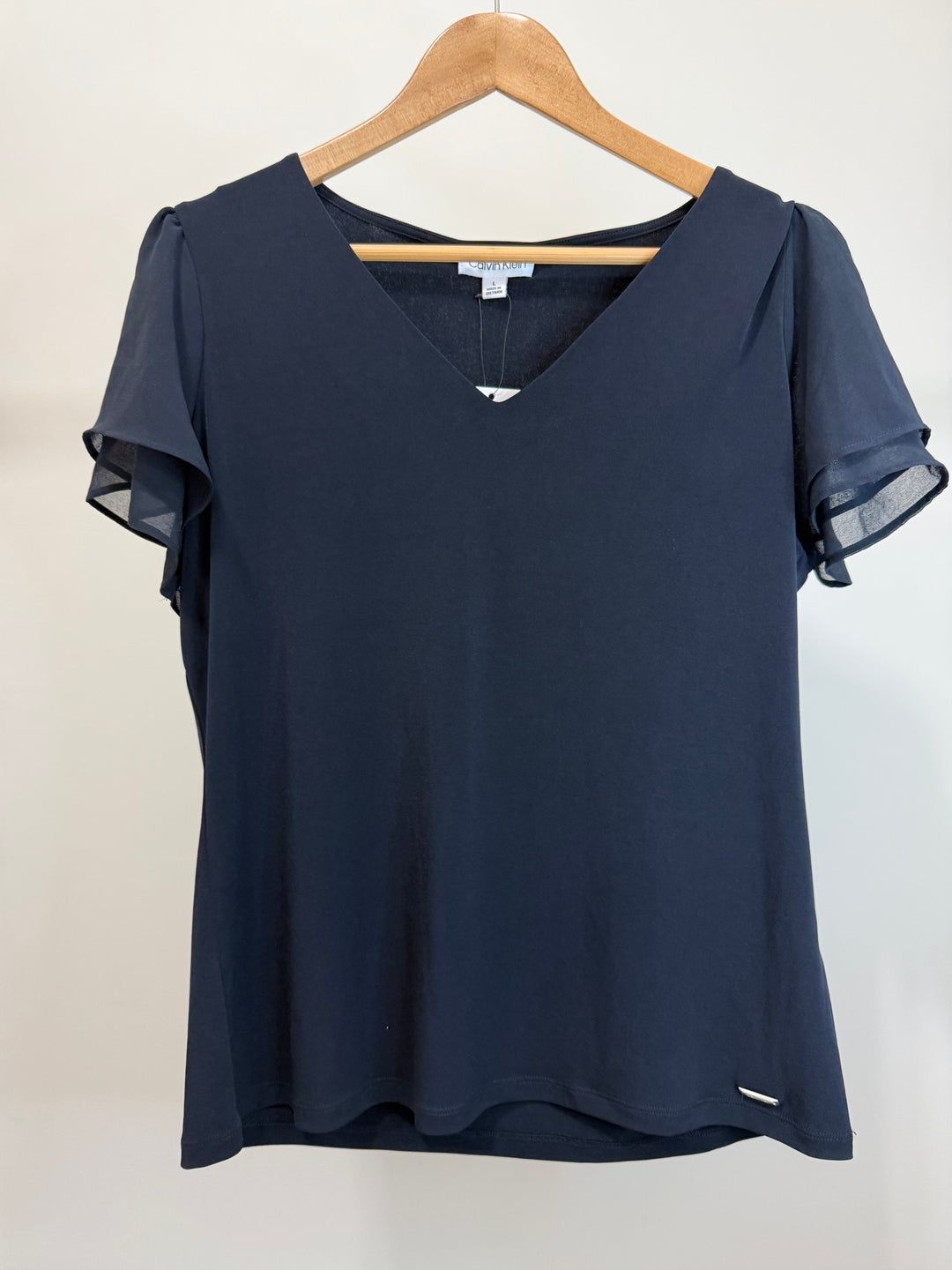 Calvin Klein Black V Neck Ruffle Sleeve Top NWT SzL