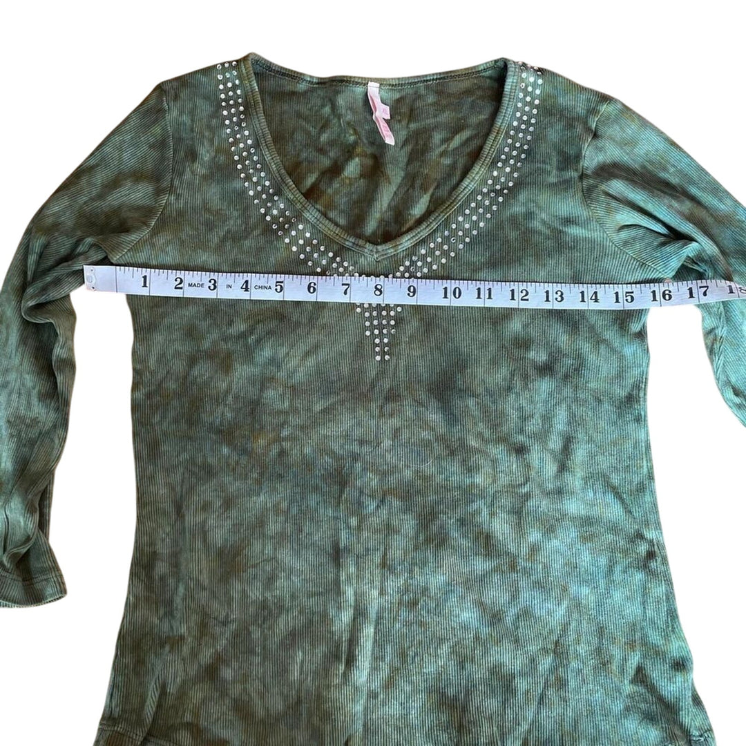 Y2K Women's Green Tie Dye Bedazzled 3/4 Sleeve Shirt sz XS