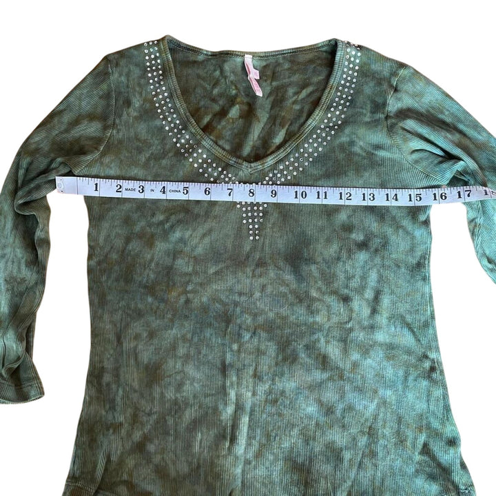 Y2K Women's Green Tie Dye Bedazzled 3/4 Sleeve Shirt sz XS