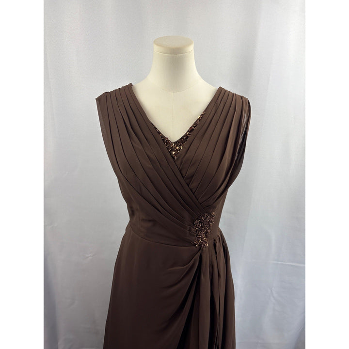 Elegant Brown Evening Gown With Beaded Embellishments &amp; Pleated V-Neck Design
