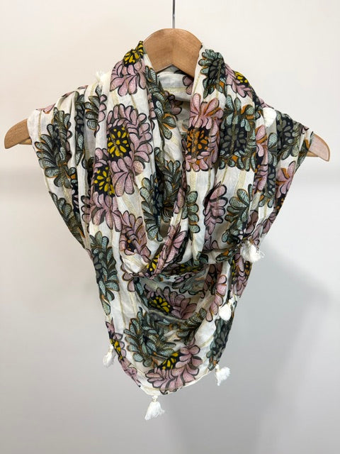 LOFT Floral Metallic Tassel Infinity Scarf NWT