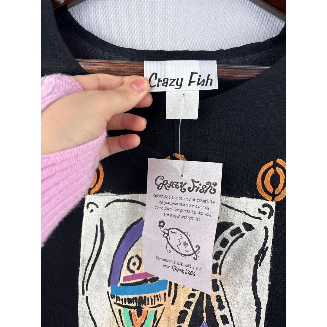 Women’s Crazy Fish XL Black w/ Fish Pattern Short Sleeve Blouse & Pant Set