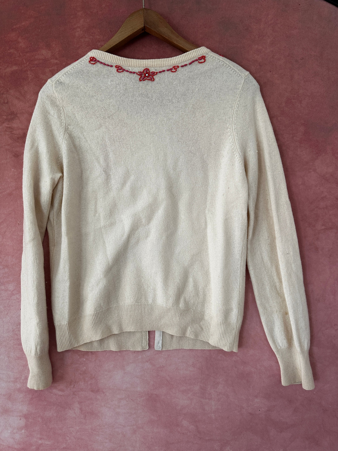 Lucky Brand Ivory Floral Embroidered Beaded Wool Cardigan Sweater