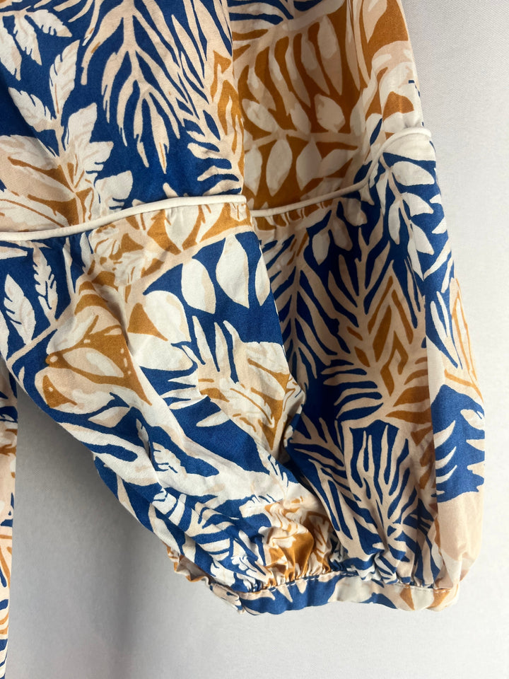 Staud Womens Land And Sea Tree Demi Dress Tropical Blue Leaf Print Size S
