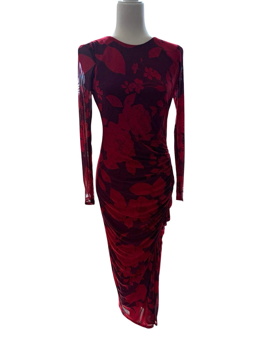 Taylor Women’s Purple/Red Long Sleeve Ruched Maxi Foral Dress, Size 4
