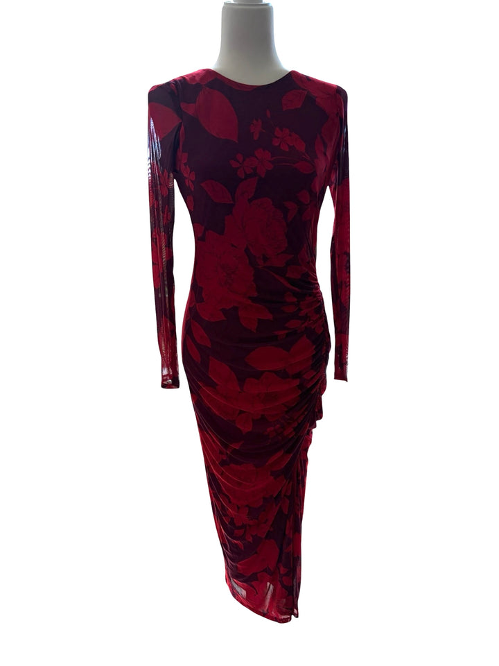 Taylor Women’s Purple/Red Long Sleeve Ruched Maxi Foral Dress, Size 4