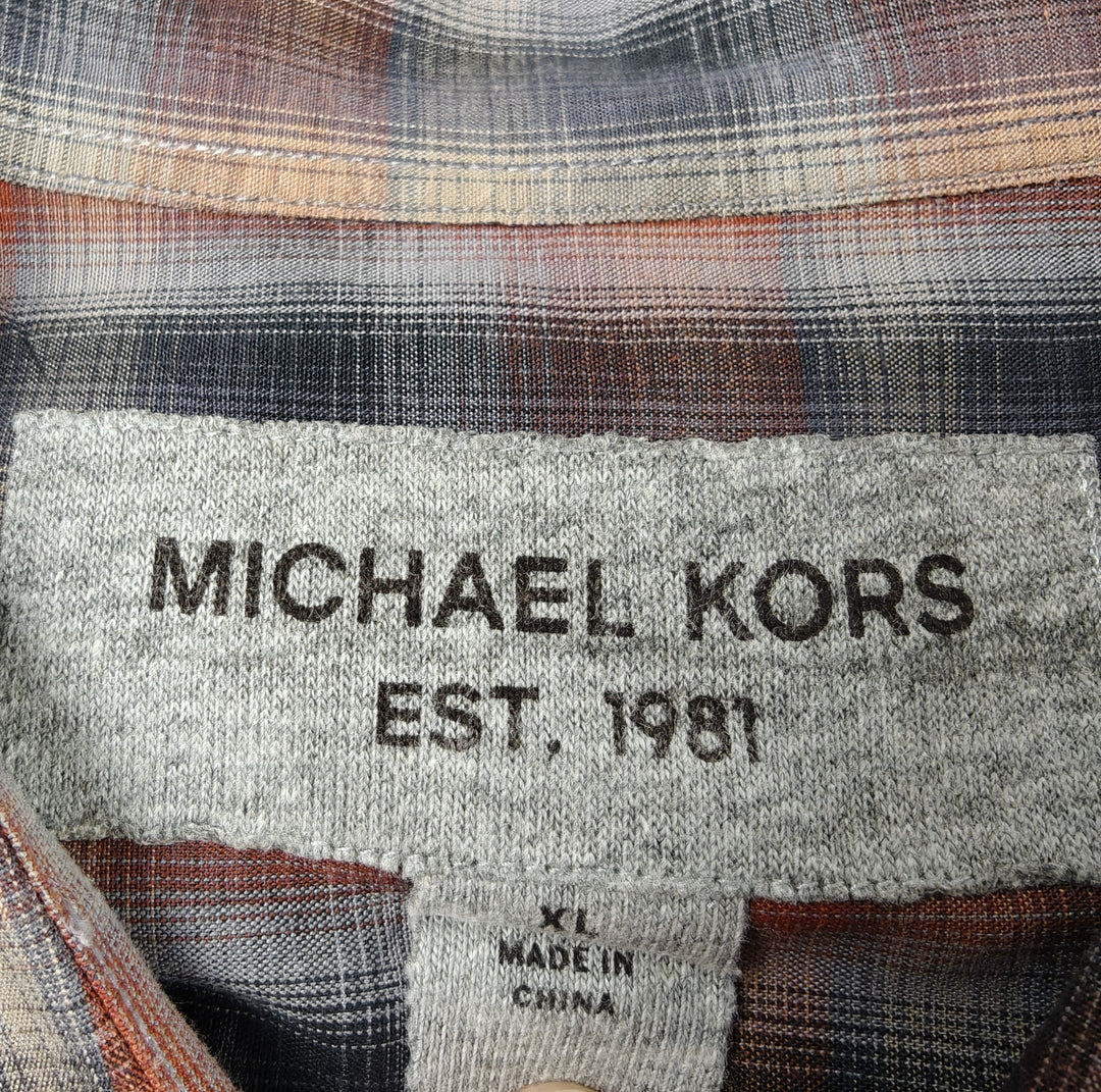 Men’s Michael Kors Plaid Button-Up Shirt Orange Gray XL