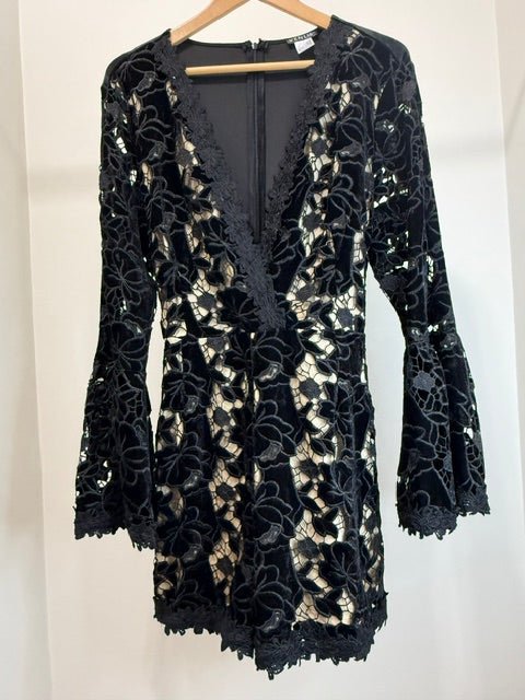 Venus Black Velour &amp; Lace Bell Sleeve Romper SzXL