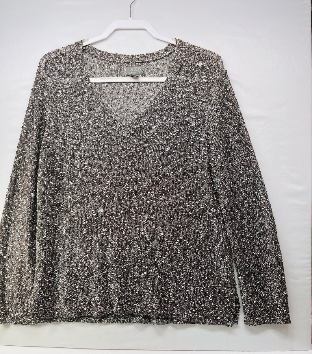 Chico’s Women’s Metallic V-Neck Sweater Shimmer Knit Pullover Dressy Top