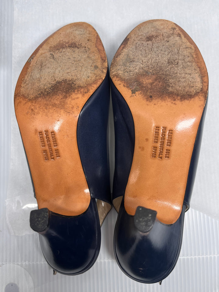 Salvatore Ferragamo Dark Blue Peep Toe Slingback Heels Size 7.5
