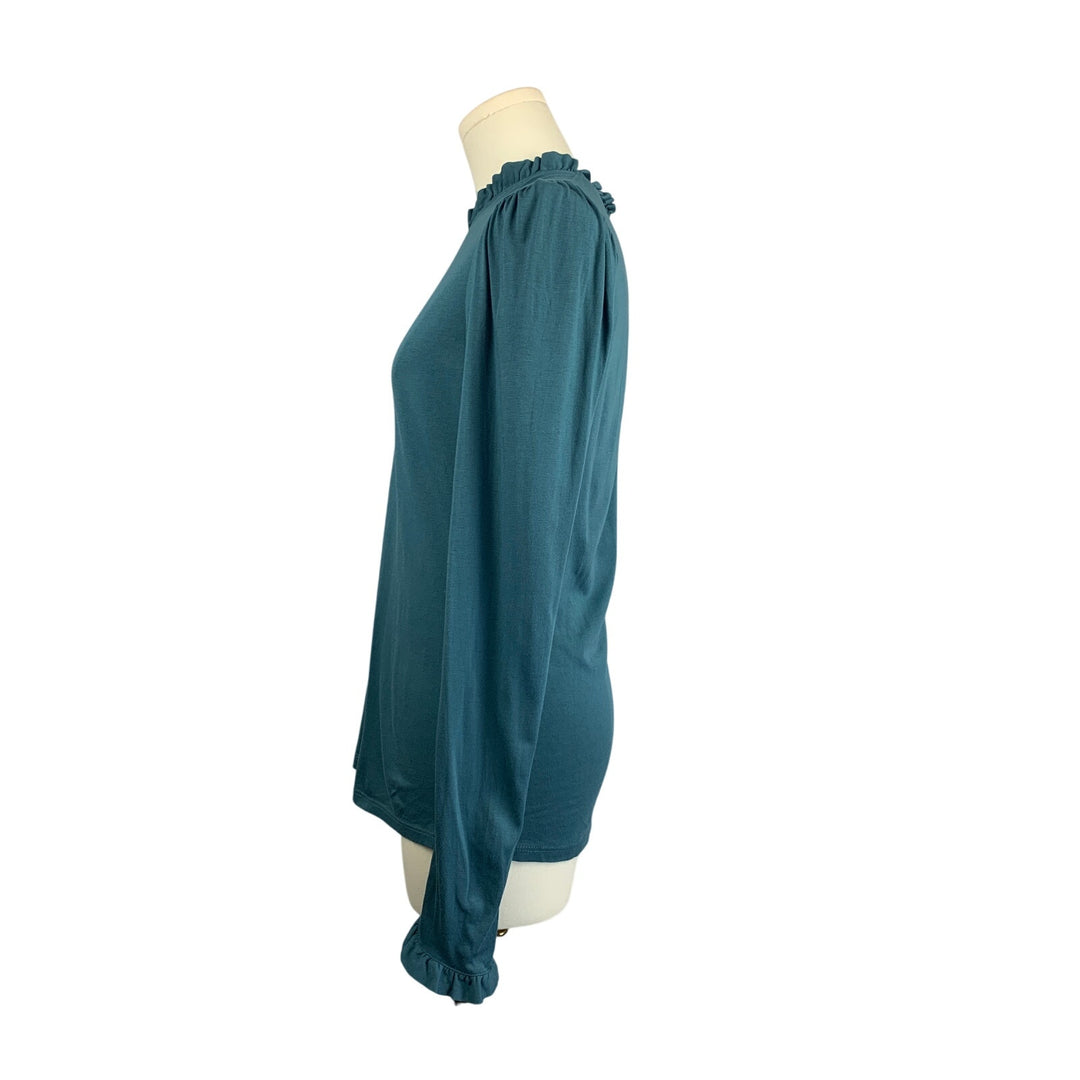 Women's Boden Blue Long Sleeve Ruffle Trim Top - Size S