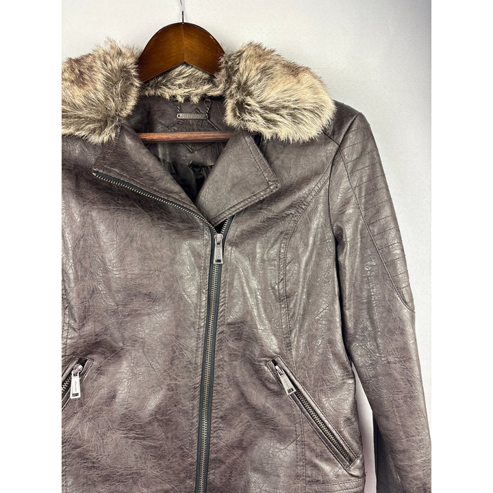Women’s JouJou Large Brown Leather Jacket w/ Fur Collar