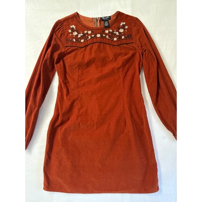 Wrangler Retro Embroidered Corduroy Dress S Rust Orange Long Sleeve