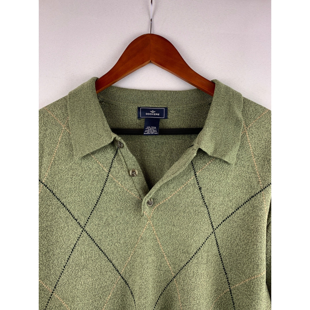 Dockers Mens XXL Green Argyle Knit Long Sleeve Collared Sweater