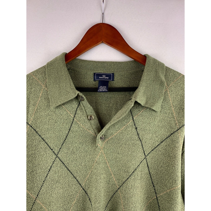 Dockers Mens XXL Green Argyle Knit Long Sleeve Collared Sweater