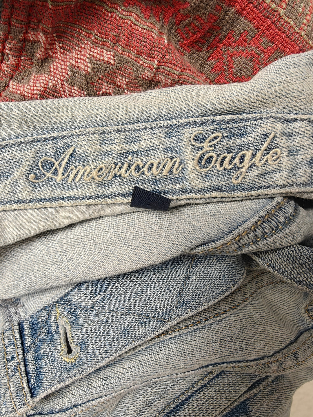 Womens American Eagle Denim Jacket Light Blue Medium Aztec Back Panel