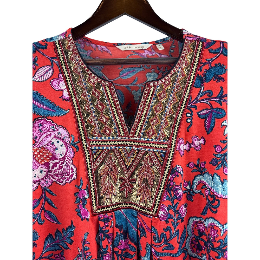 Women’s Soft Surroundings Orange Floral Patterned Blouse w/ Woven Embroidery