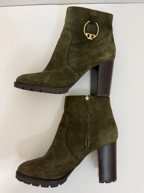 Tory Burch Sofia Lug Sole Suede Booties Dark Boxwood Green Sz10
