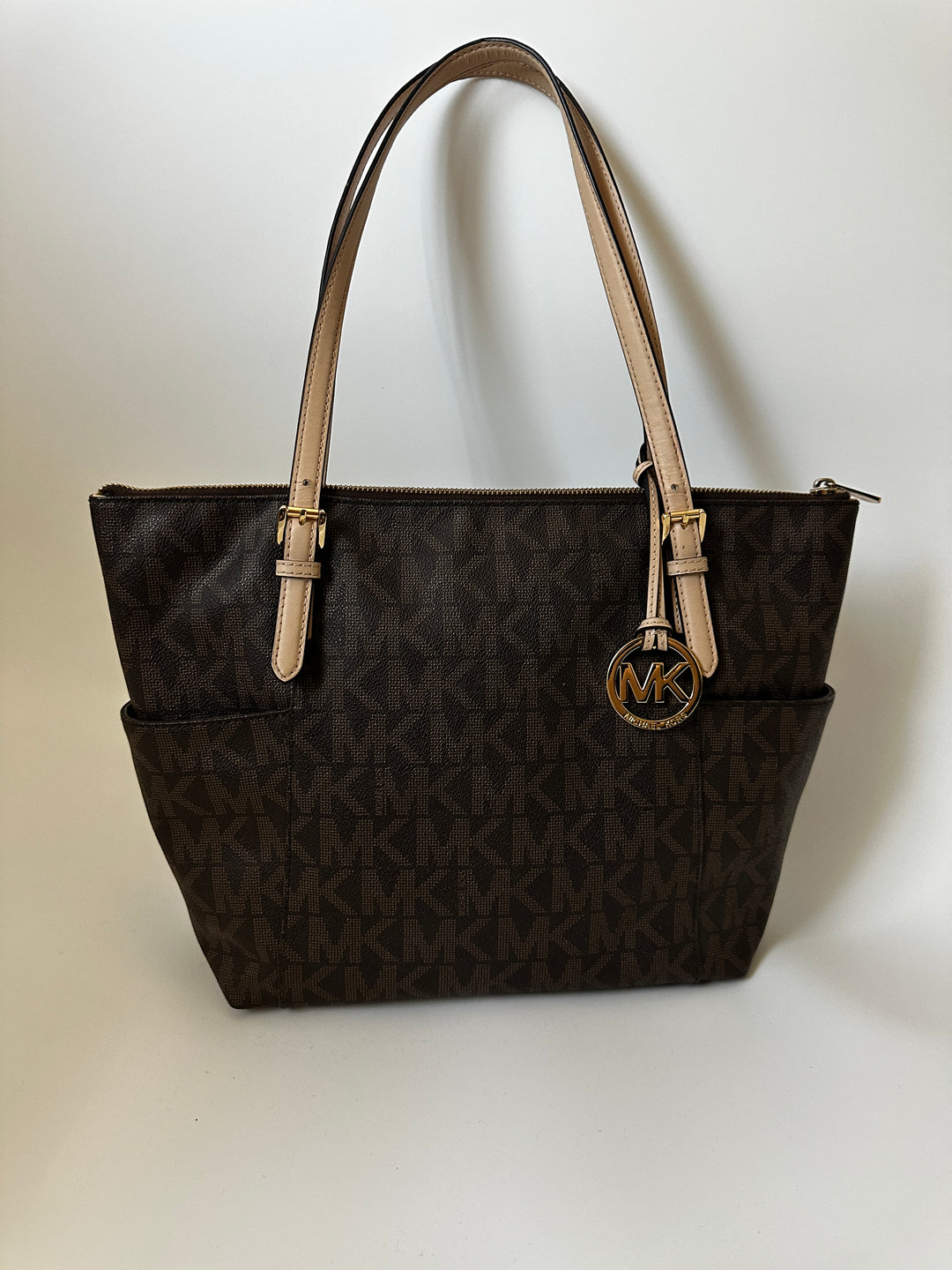 Michael Kors Brown MK Signature Logo Tote Bag Tan Straps Gold Charm