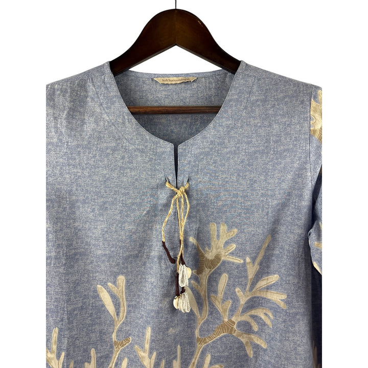 Women’s Soft Surroundings Pale Blue w/ Tan Coral Patterned Long Blouse
