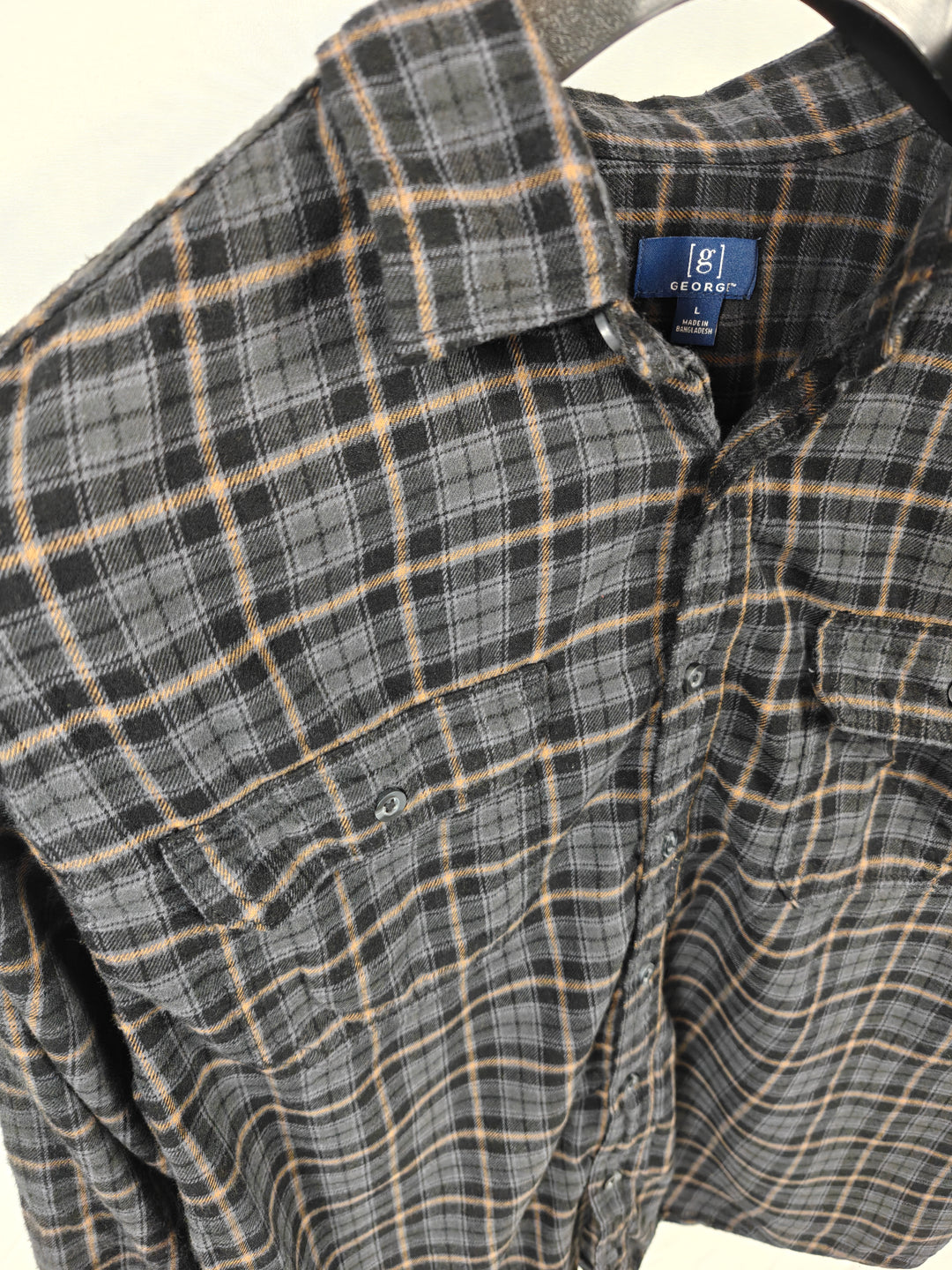 Mens George Flannel Shirt Black Gray Plaid Size L