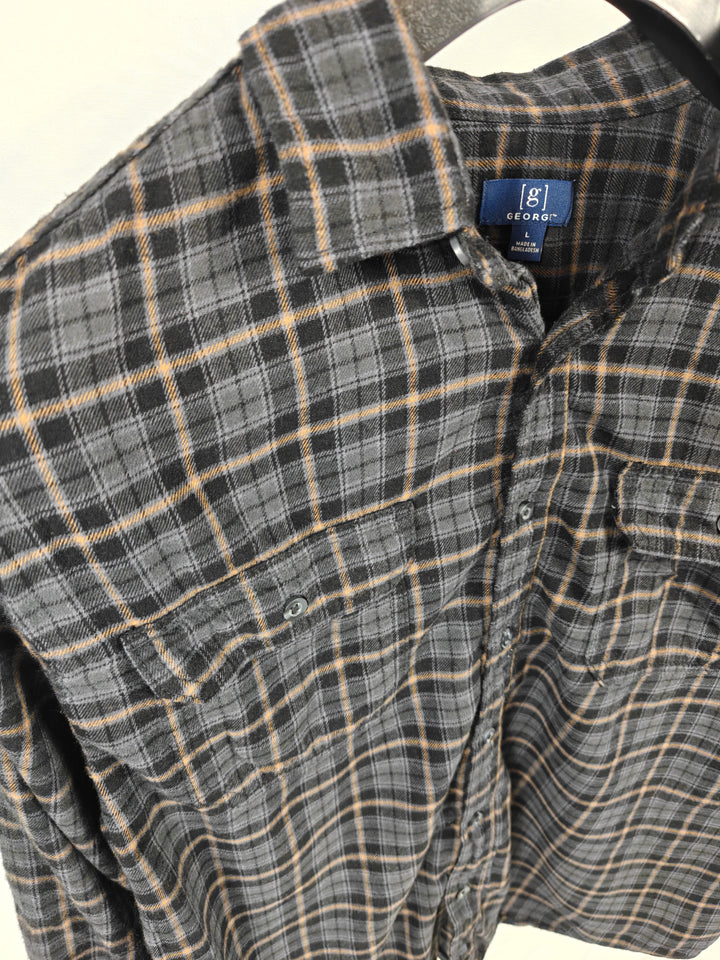 Mens George Flannel Shirt Black Gray Plaid Size L