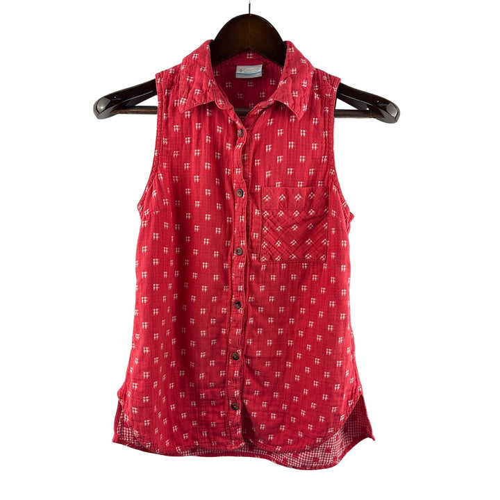 Women’s Columbia XS Red Sleeveless Button Up w/ Gingham Square Pattern