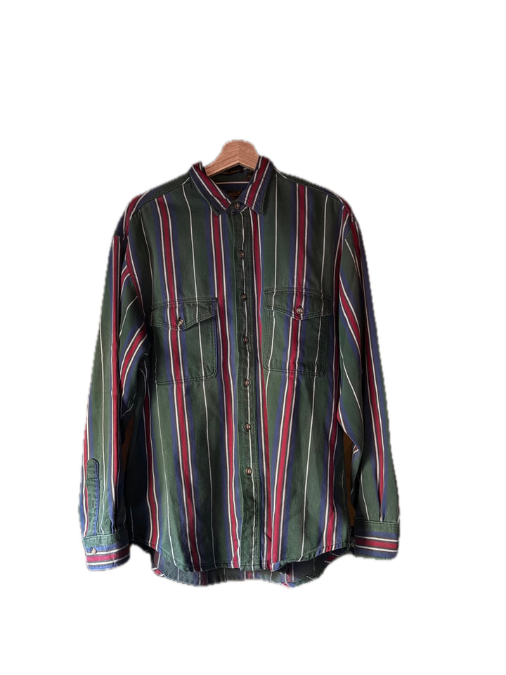 Eddie Bauer McKinley Mens Large Vintage Green Striped Cotton Flannel Shirt