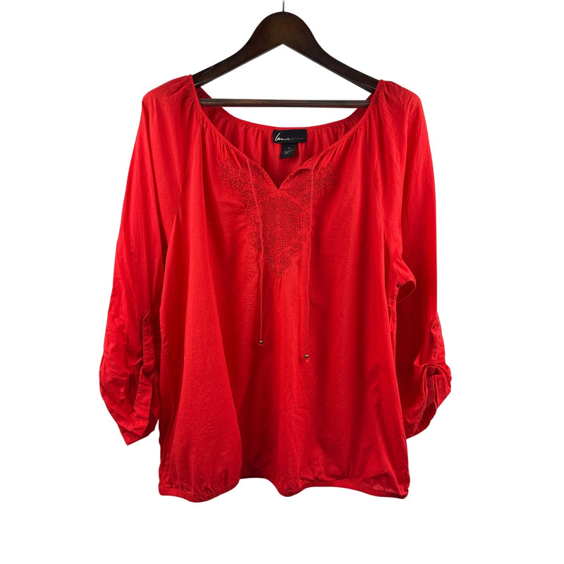 Women’s Lane Bryant Size 16 Bright Red Blouse w/ Embroidered Neckline