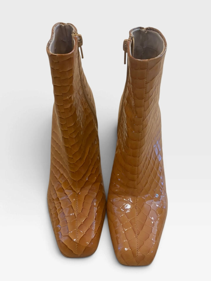 Katy Perry Brown Croc Embossed Ankle Boots 6 Gold Block Heel Western Retro Y2K