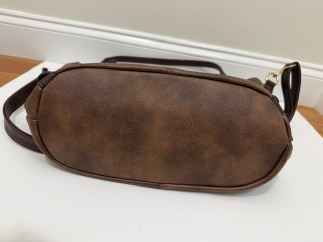 Vegan Leather Bucket Tote Crossbody Bag Brown Gold Hardware
