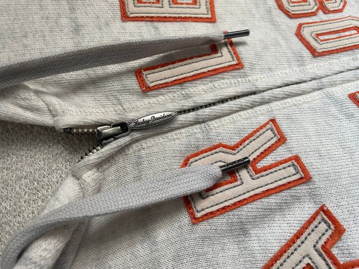 Harley Davidson Womens L Zip Up Hoodie Cream Orange Varsity Spellout Logo Biker
