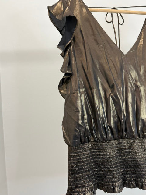 Nine West Metallic Bronze Smocked Waist Blouse SzXL