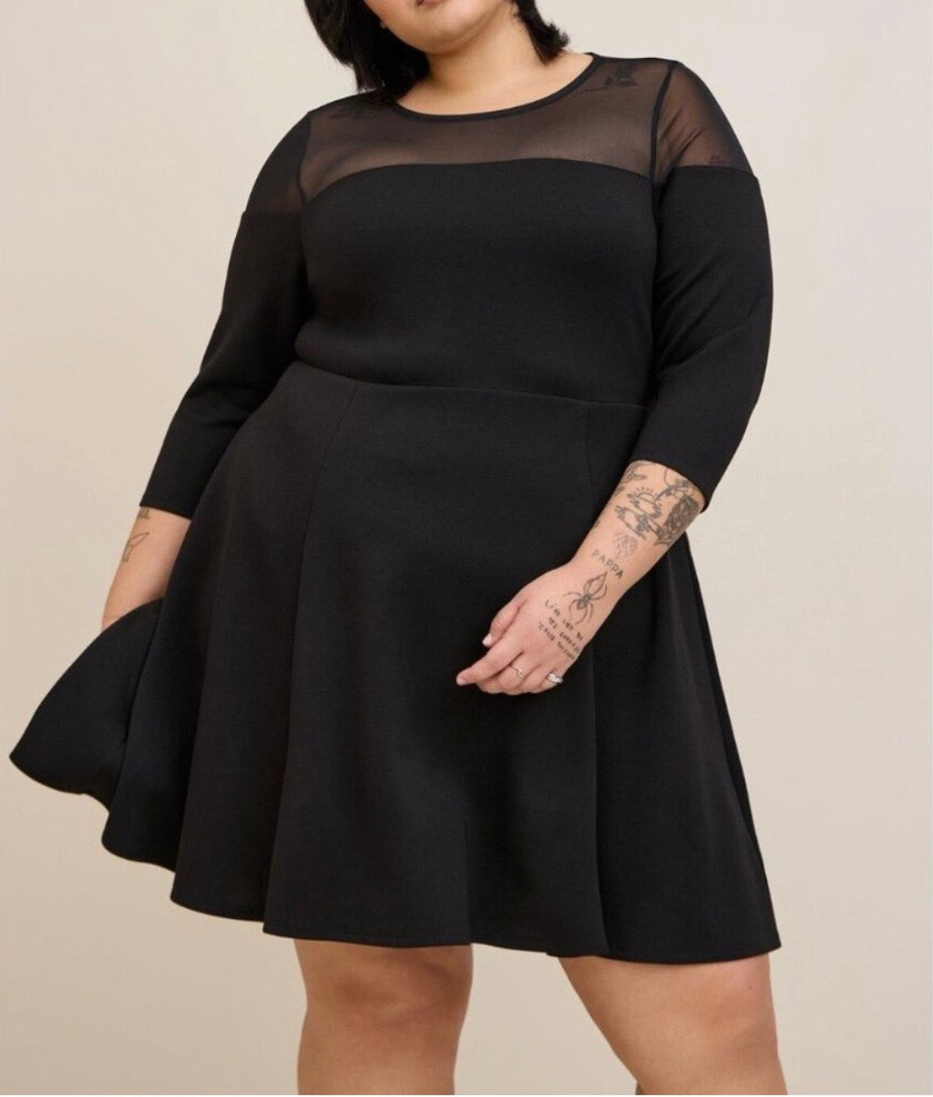 Torrid Black Cupro Mesh Yoke Skater Mini Dress Sz1X (14–16) NWT