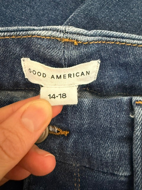 Good American High‑Rise Distressed Skinny Jeans Sz14–18 (Medium Blue, Ankle)