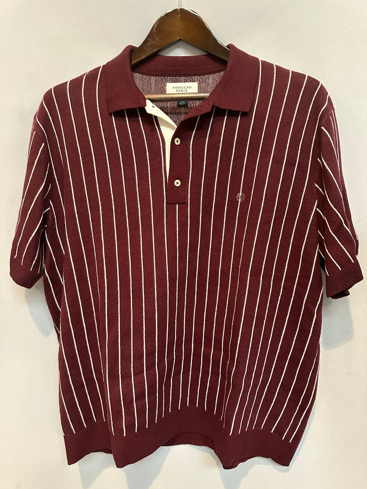 Men’s American Eagle Maroon and White Striped Polo Size L