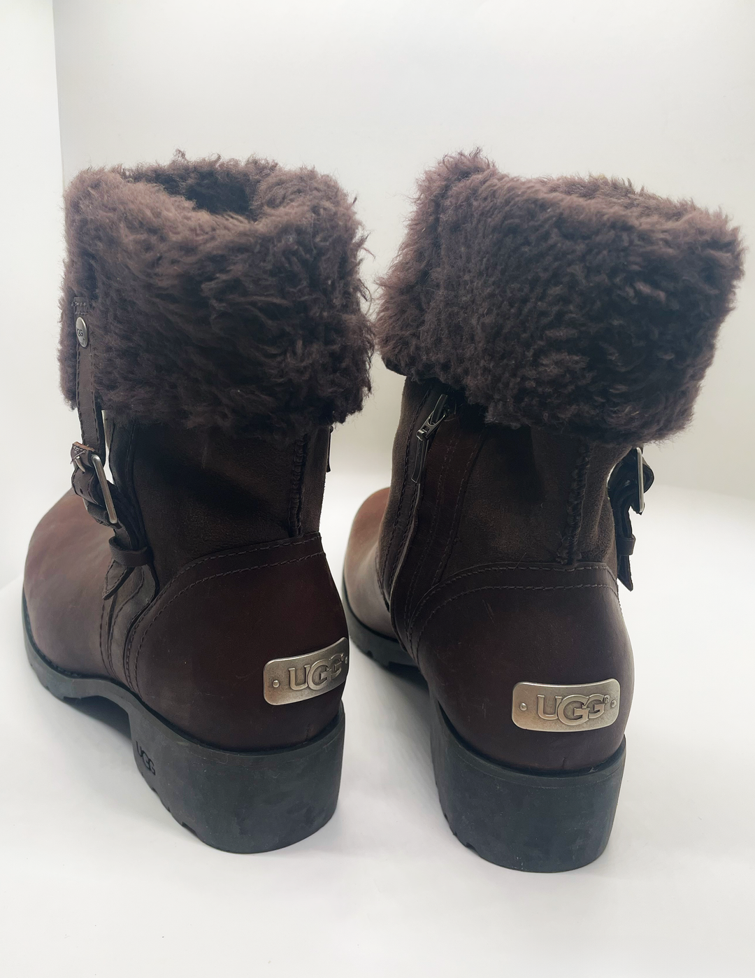 UGG Bellevue 1914 Brown leather Boots Womens US 8 Discontinued Shearling Heel Foldover