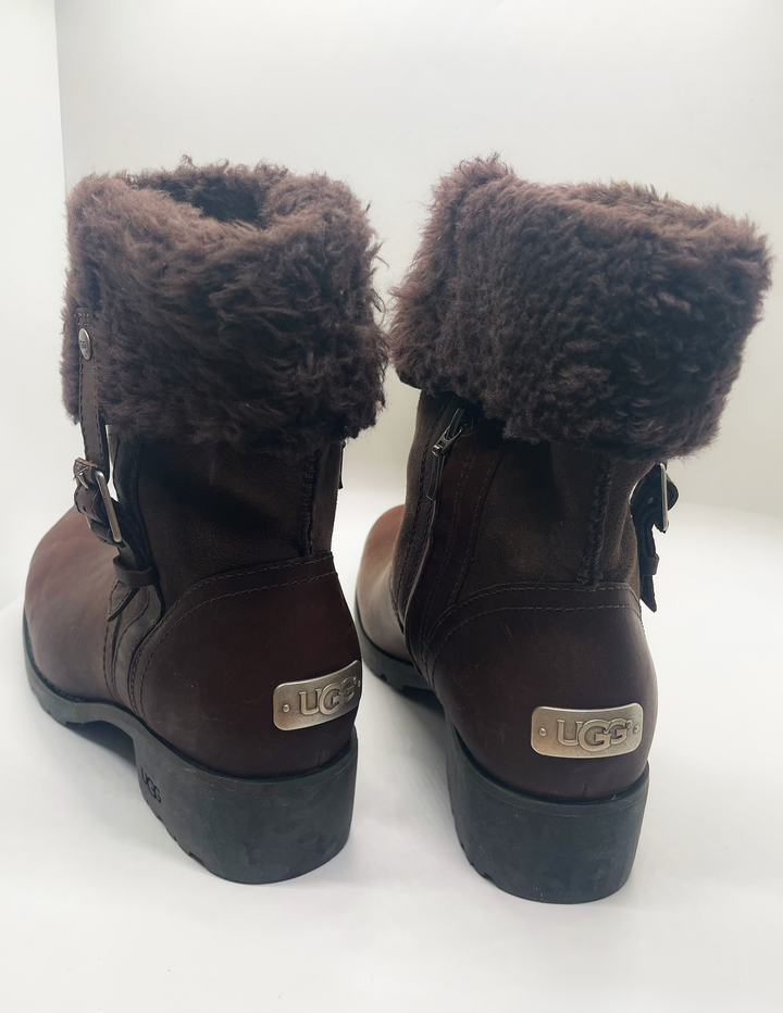 UGG Bellevue 1914 Brown leather Boots Womens US 8 Discontinued Shearling Heel Foldover