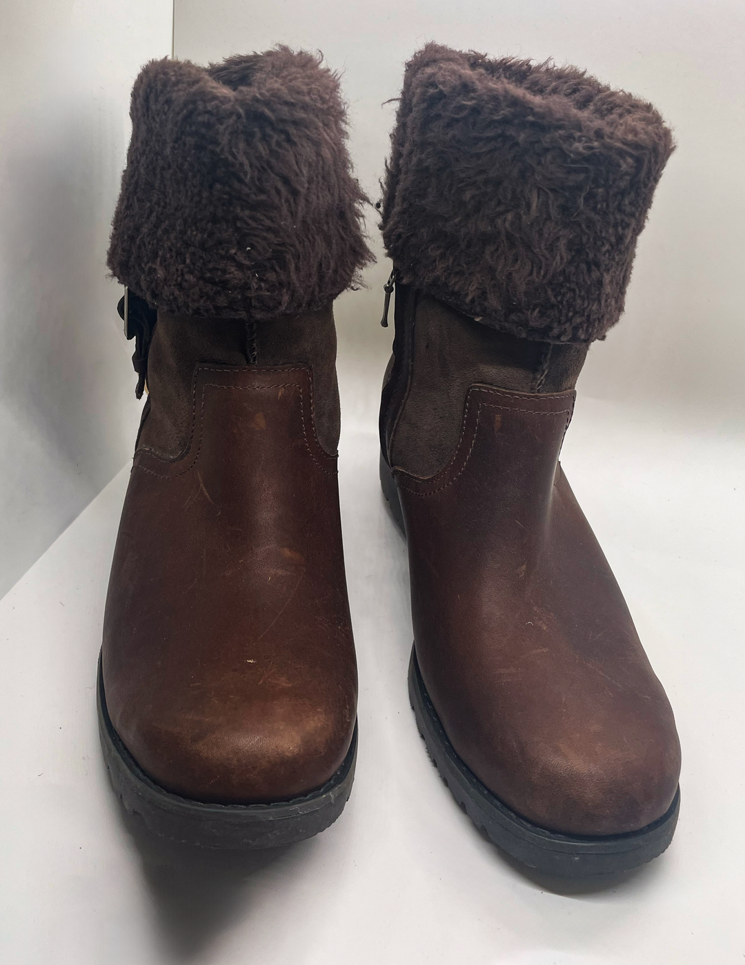 UGG Bellevue 1914 Brown leather Boots Womens US 8 Discontinued Shearling Heel Foldover