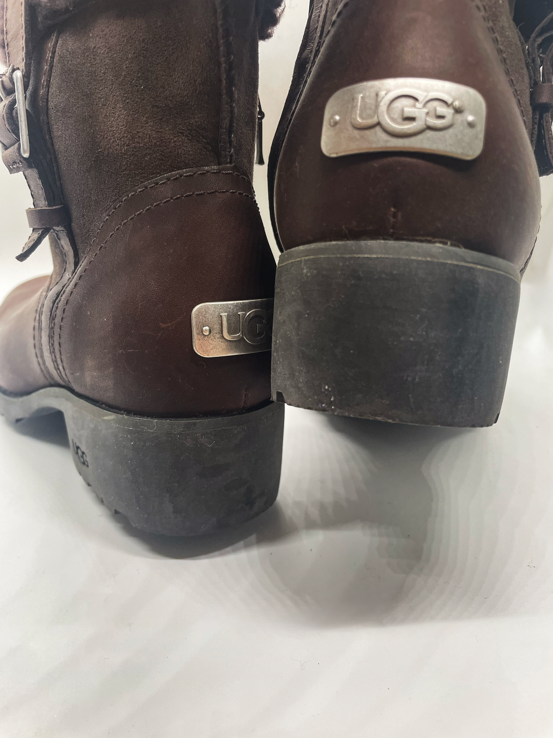 UGG Bellevue 1914 Brown leather Boots Womens US 8 Discontinued Shearling Heel Foldover